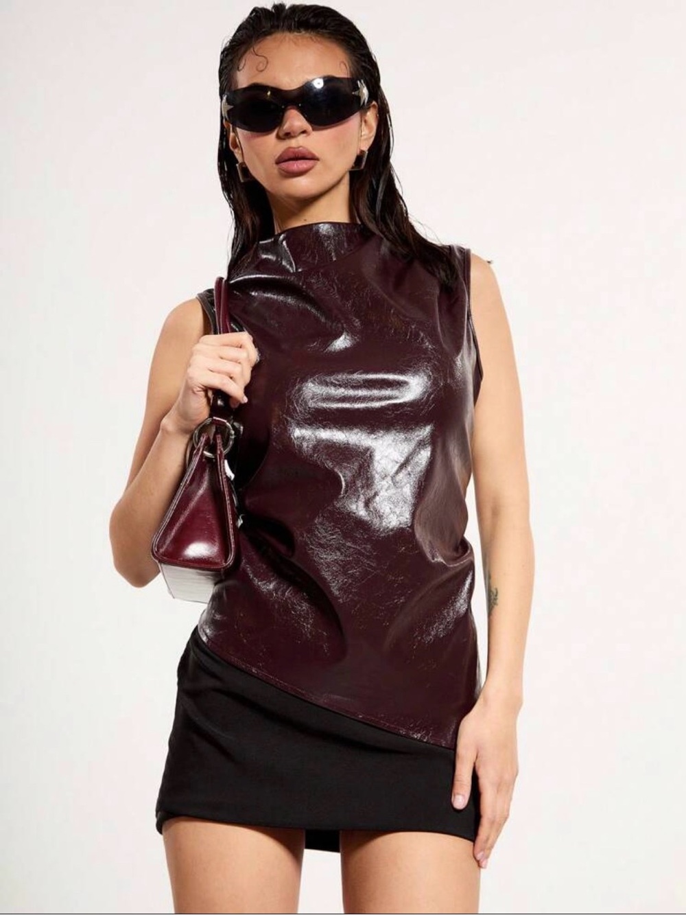 Sleeveless Faux-Leather Top in Burgundy Shine